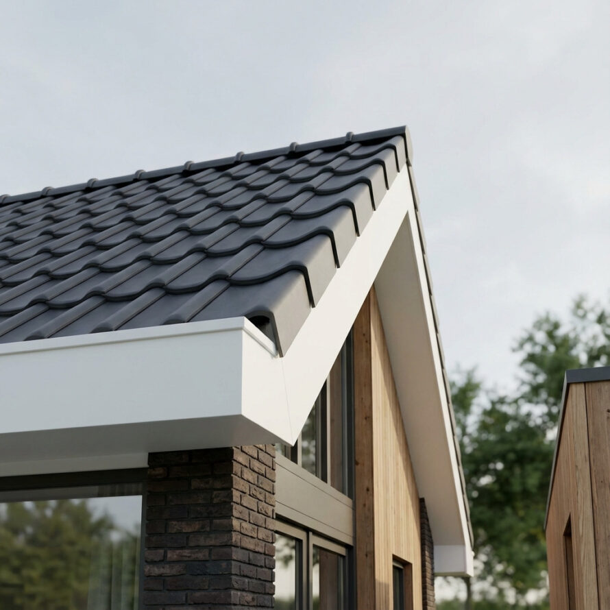 Strak afgewerkte kunststof windveren bij moderne nieuwbouwwoning met plat en schuin dak