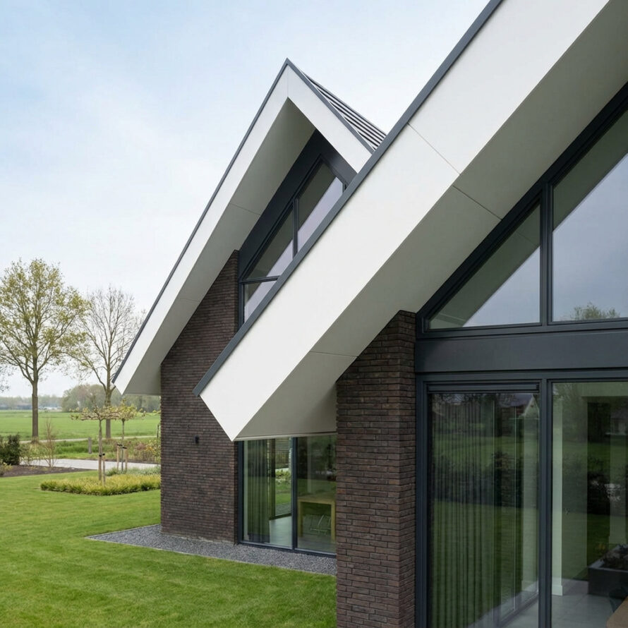 Close-up van witte kunststof boeidelen en windveren onder dakrand