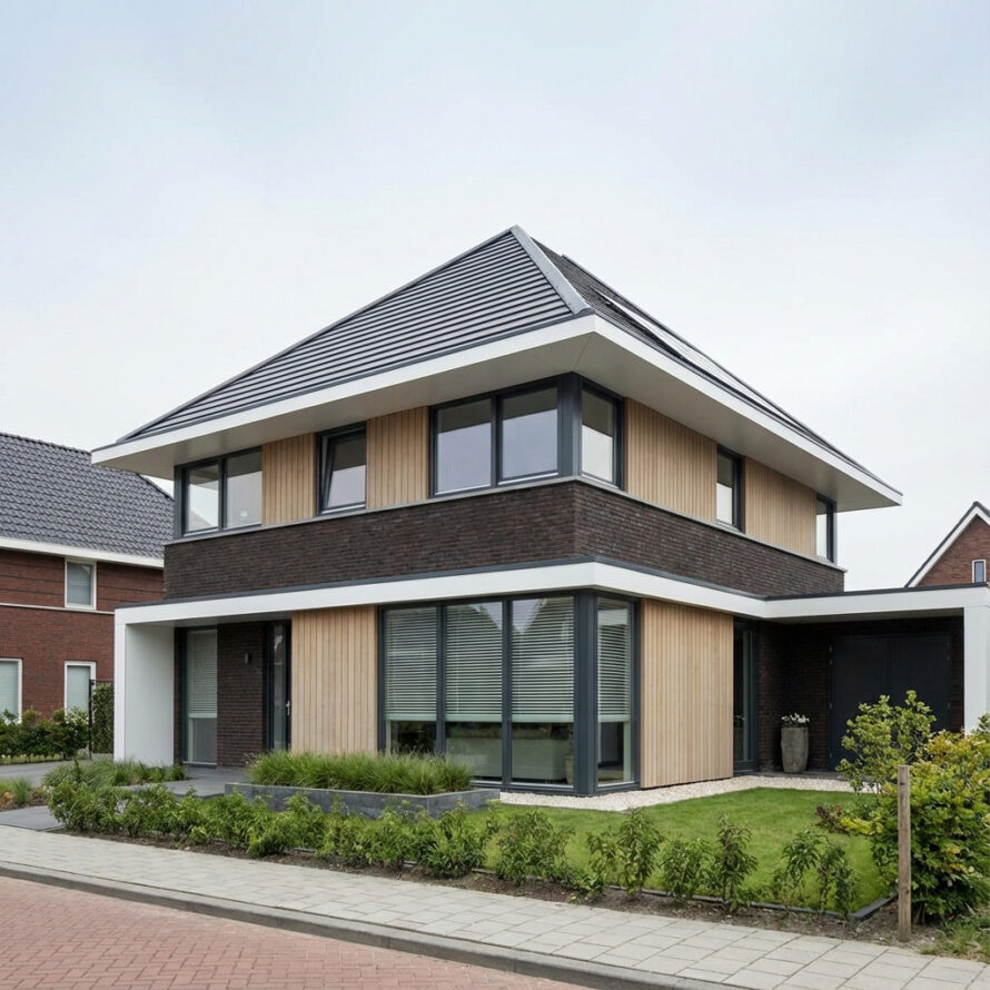 Witte kunststof windveren aan dak van moderne woning met houten gevelbekleding