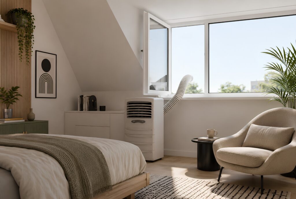 Slaapkamer onder een schuin dak met een groot dakraam dat veel daglicht binnenlaat. Naast het bed staat een compacte wandairco onder het raam.