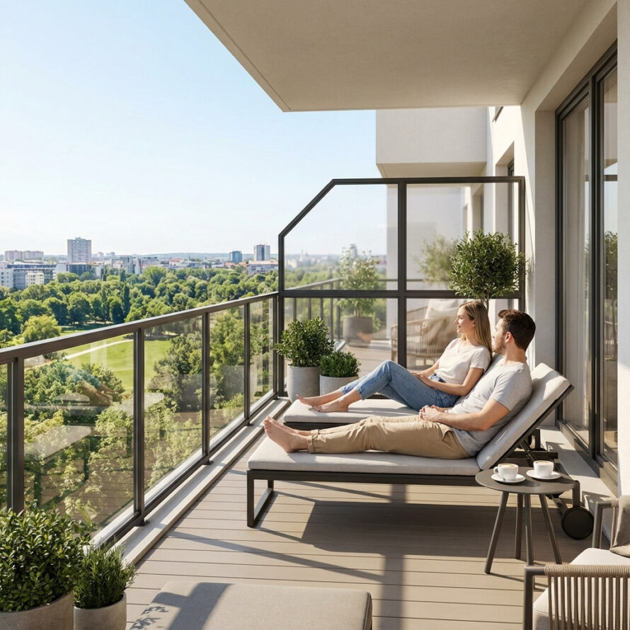 Modern balkon met transparant kunststof hekwerk en uitzicht over een groen stadspark