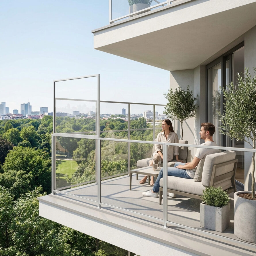 Kunststof balkonhek met helder paneel en vrij uitzicht op de stad