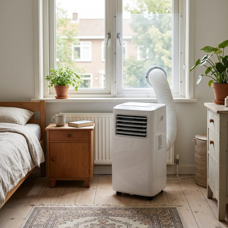 Mobiele airco in een woonkamer met uitzicht op een Nederlandse woonwijk