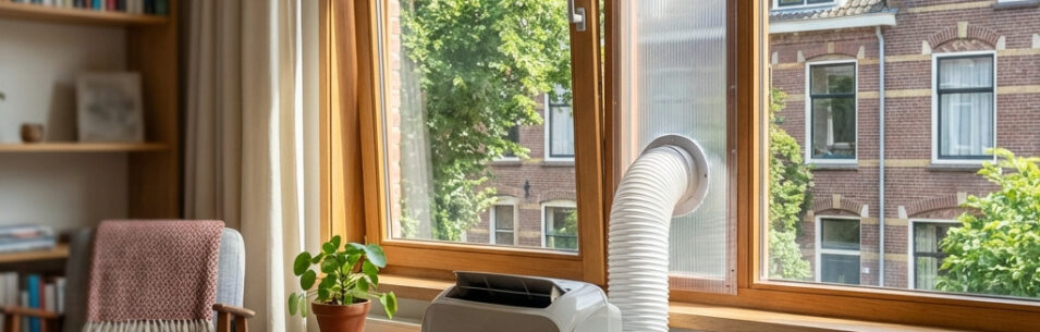 Mobiele airco geplaatst voor een raam in een eenvoudige Nederlandse woonkamer
