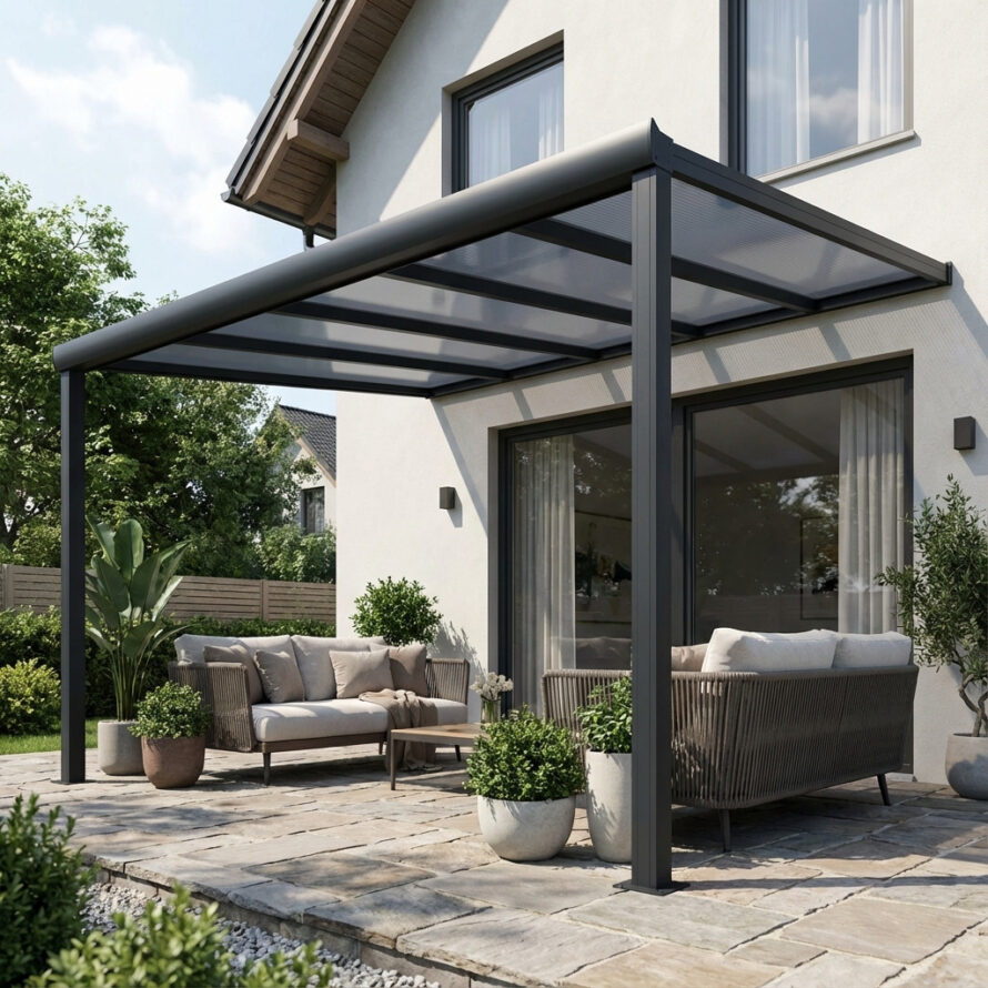 Moderne polycarbonaat overkapping met opaal dak en aluminium frame aan een luxe woning.