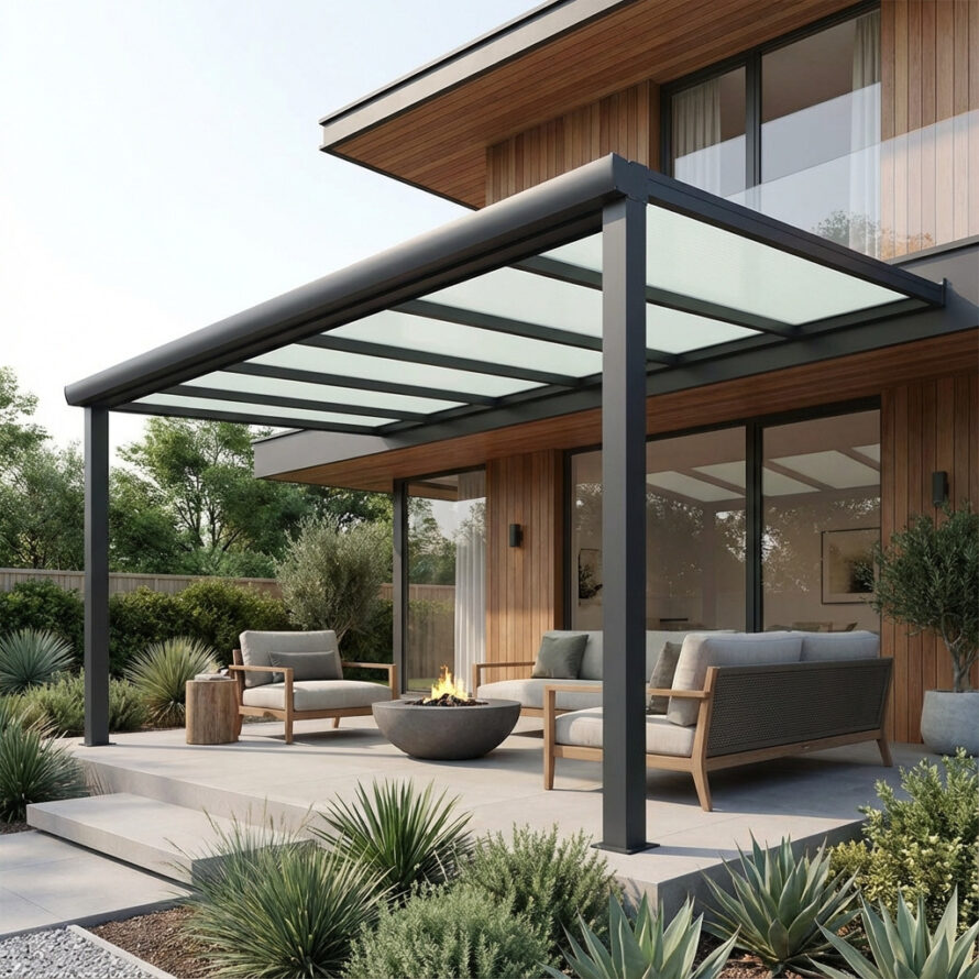 Houten overkapping met polycarbonaat dakplaten bij een eengezinswoning, lichte en natuurlijke uitstraling.