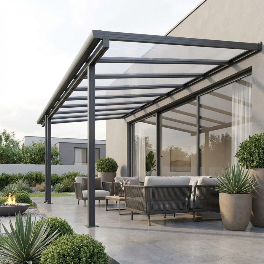 Polycarbonaat overkapping met smoke grijs dak aan huis, onderhoudsarm en stijlvol design.