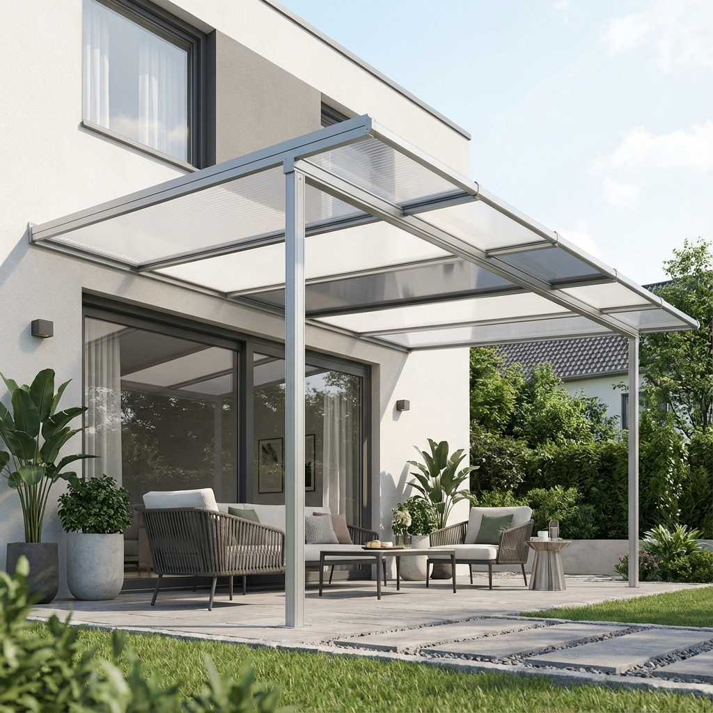 Moderne aluminium overkapping met opaal polycarbonaat dak aan een woning, lichte en strakke uitstraling.