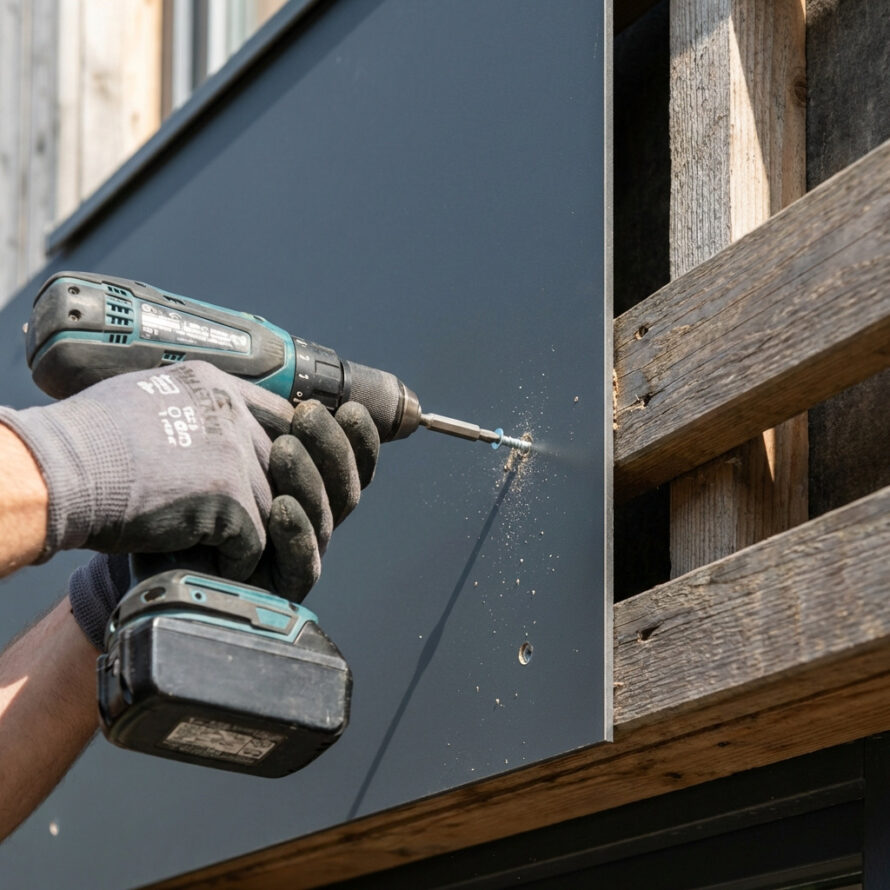 Close-up van HPL plaat die met een schroef op een houten achterconstructie wordt bevestigd