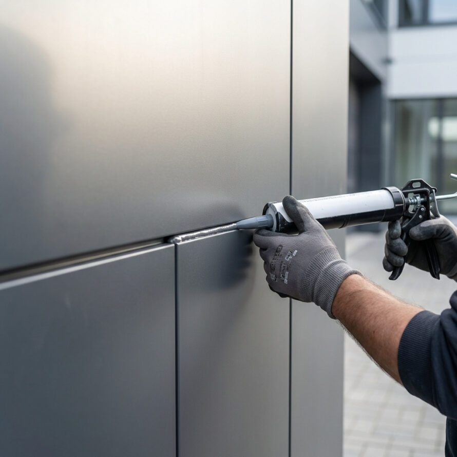 Afwerken van naden met kit bij wandpanelen en wastafel