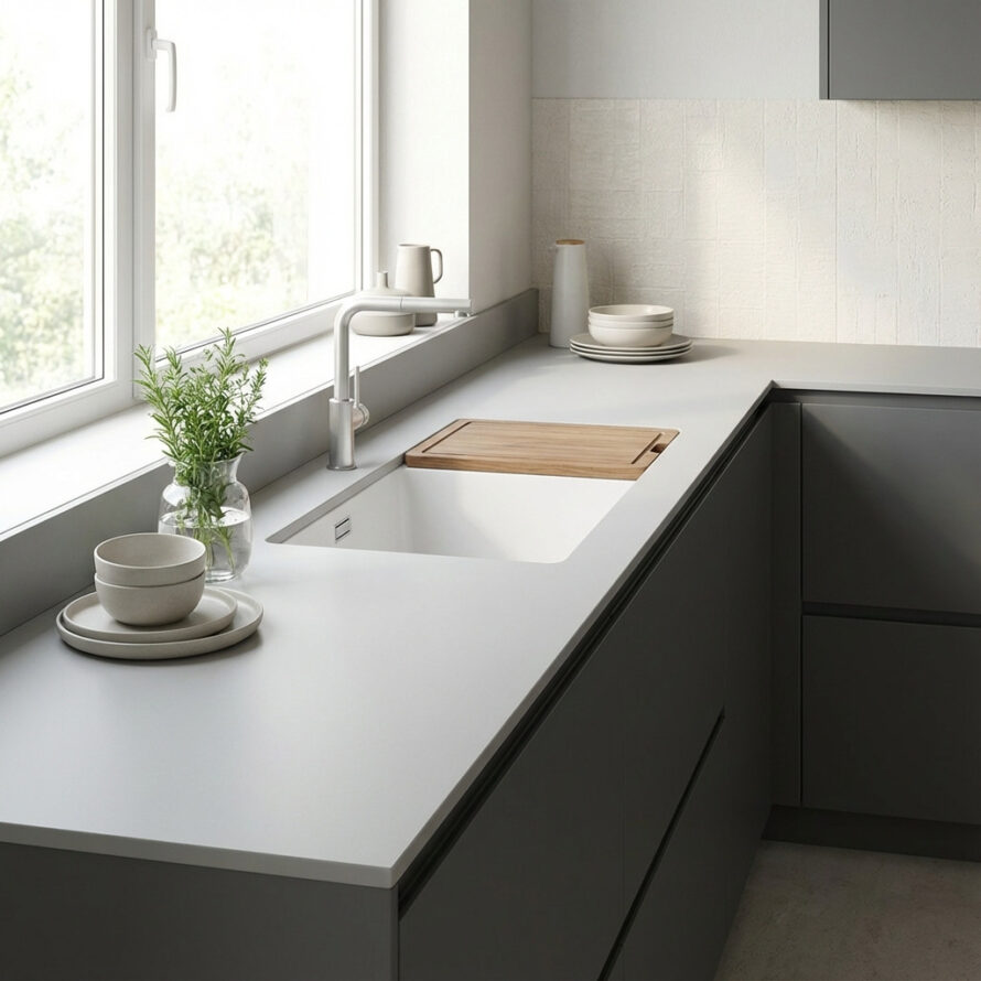 Moderne keuken met kunststof HPL aanrechtblad in neutrale kleur.