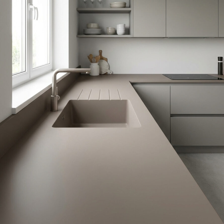 Kunststof keukenblad van HPL met strakke en hygiënische afwerking.