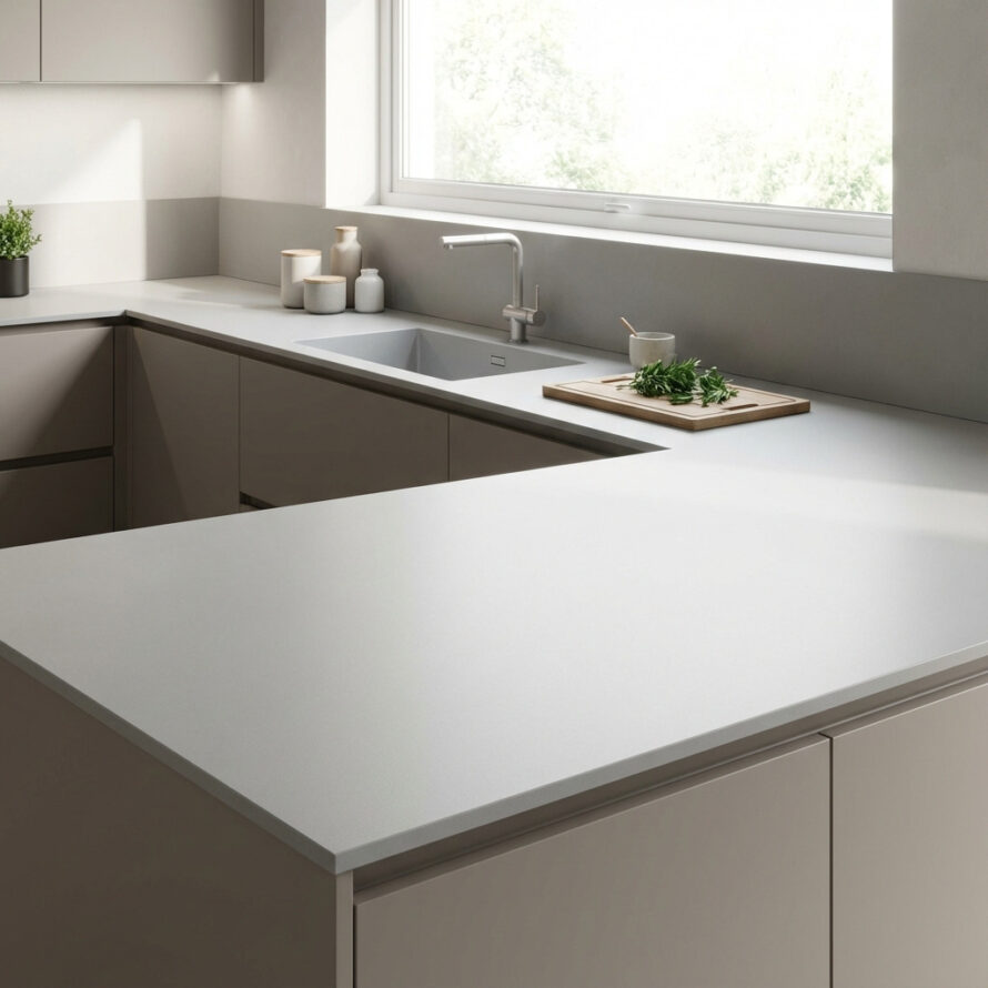 Detail van krasvast en onderhoudsvriendelijk kunststof aanrechtblad.