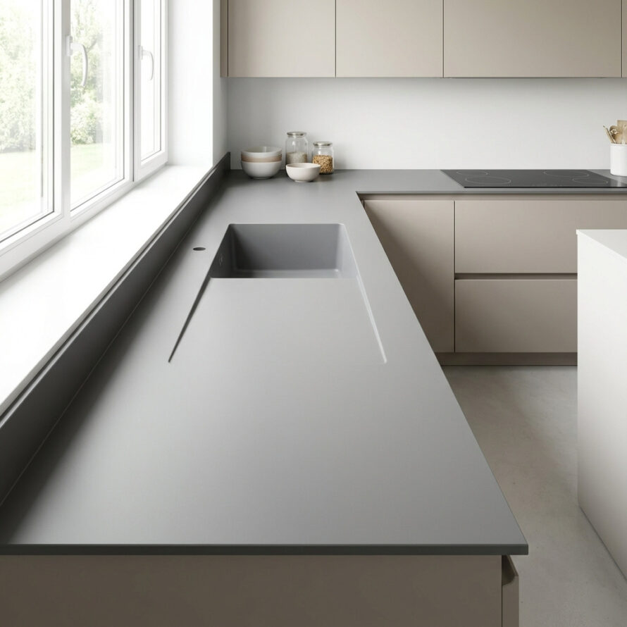 HPL keukenblad met geïntegreerde spoelbak en werkruimte.