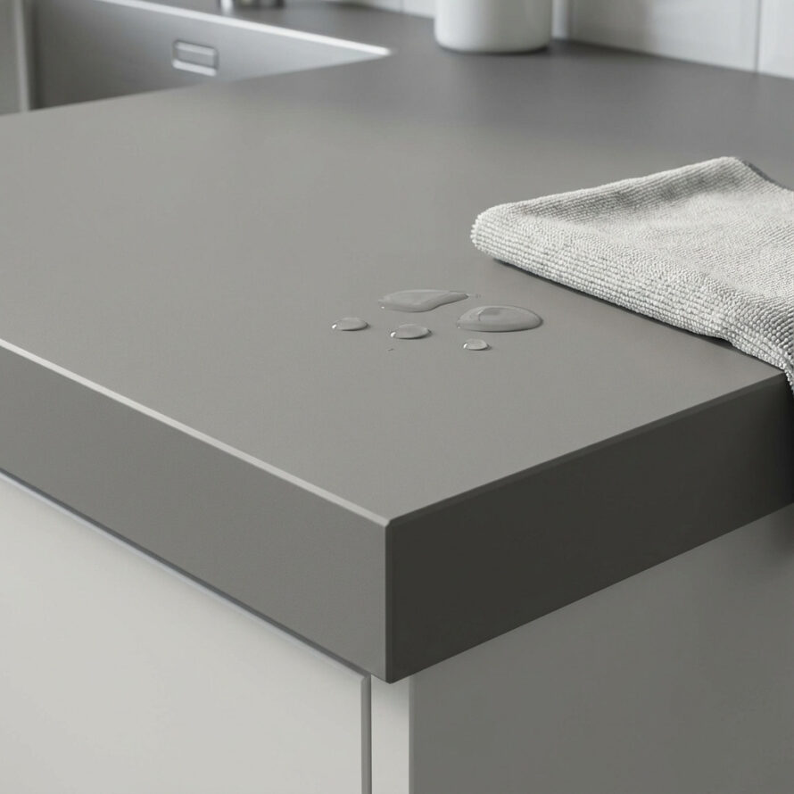 Strak afgewerkt kunststof aanrechtblad in moderne keuken.