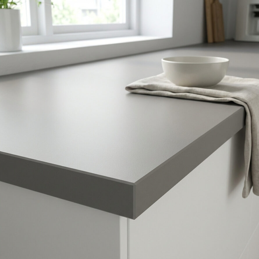 Detail van HPL aanrechtblad met strakke randafwerking.