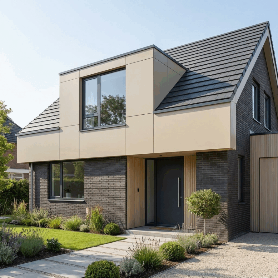 Gerenoveerde dakkapel met moderne kunststof platen op een woonhuis.