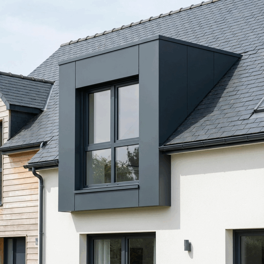 Kunststof dakkapel met strakke boeidelen en zijkanten in neutrale kleur.