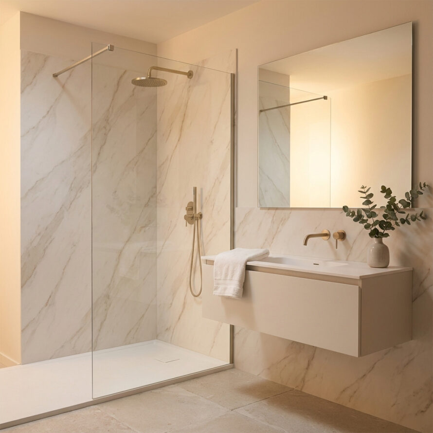 Moderne badkamer met marmerlook kunststof wandpanelen.