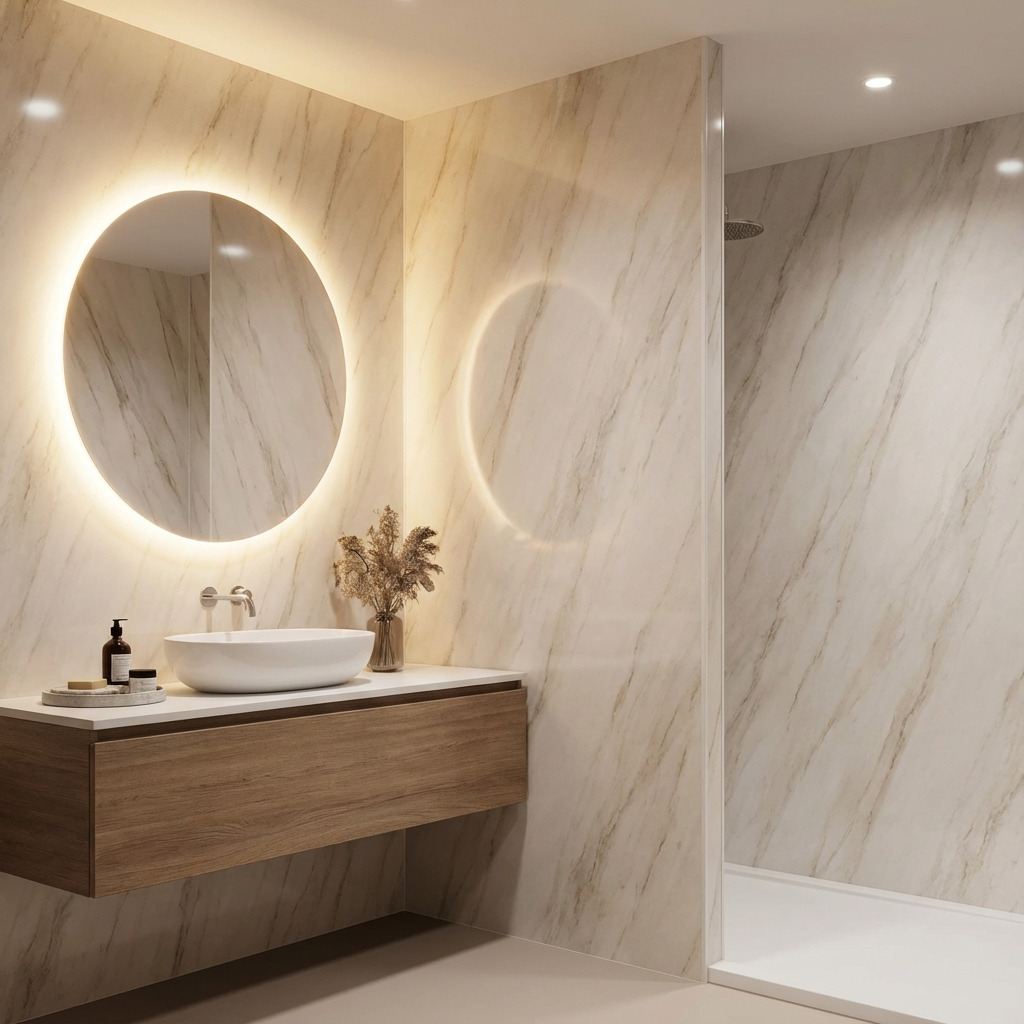 Marmerlook badkamerwand van kunststof met luxe uitstraling.