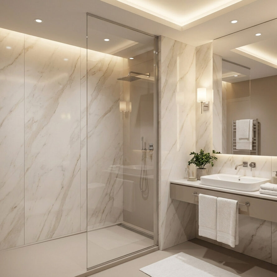 Badkamer met antraciet marmerlook wandpanelen van kunststof.