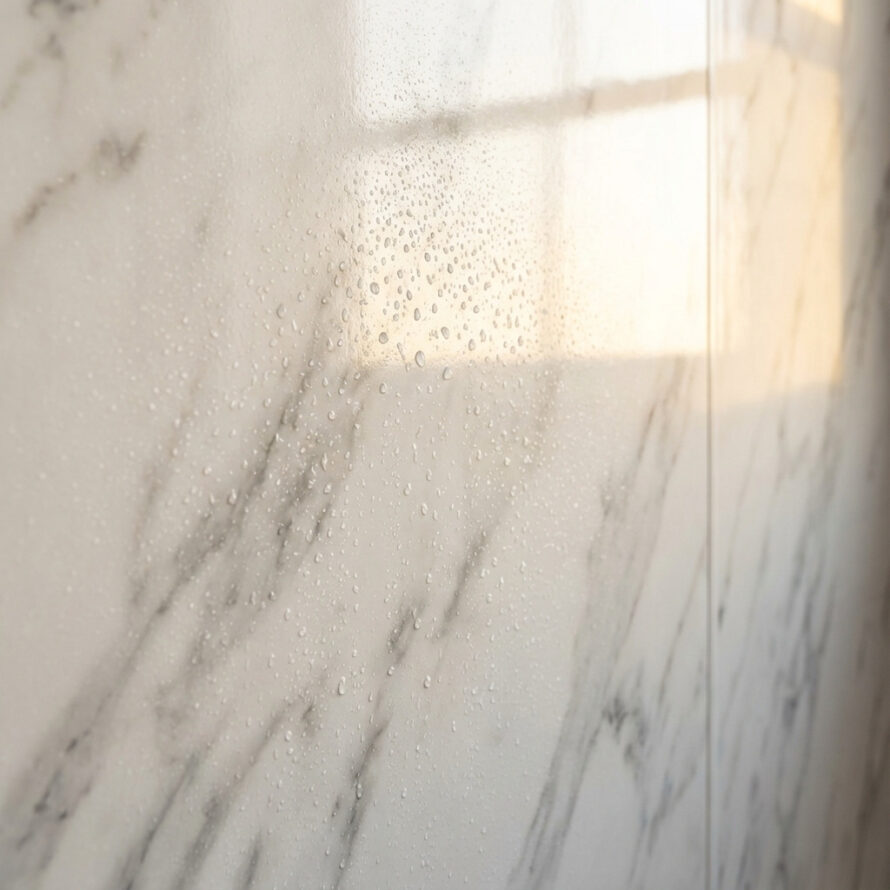 Marmerlook wandbekleding in badkamer gecombineerd met houtaccenten.