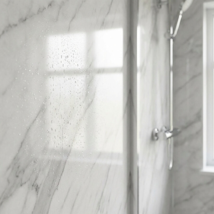 Close-up van kunststof badkamer paneel met marmerstructuur.