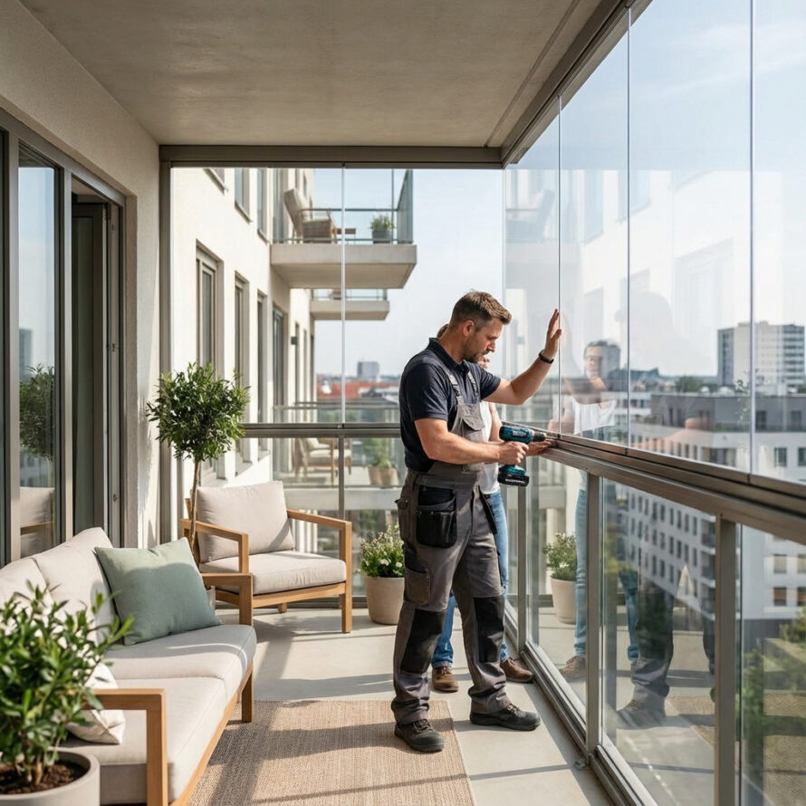 Bevestigen van plexiglas balkonbeglazing tijdens montage op een appartementenbalkon.
