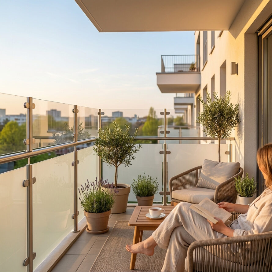 Modern balkon met helder plexiglas windscherm dat beschutting biedt tegen wind en toch het uitzicht behoudt.