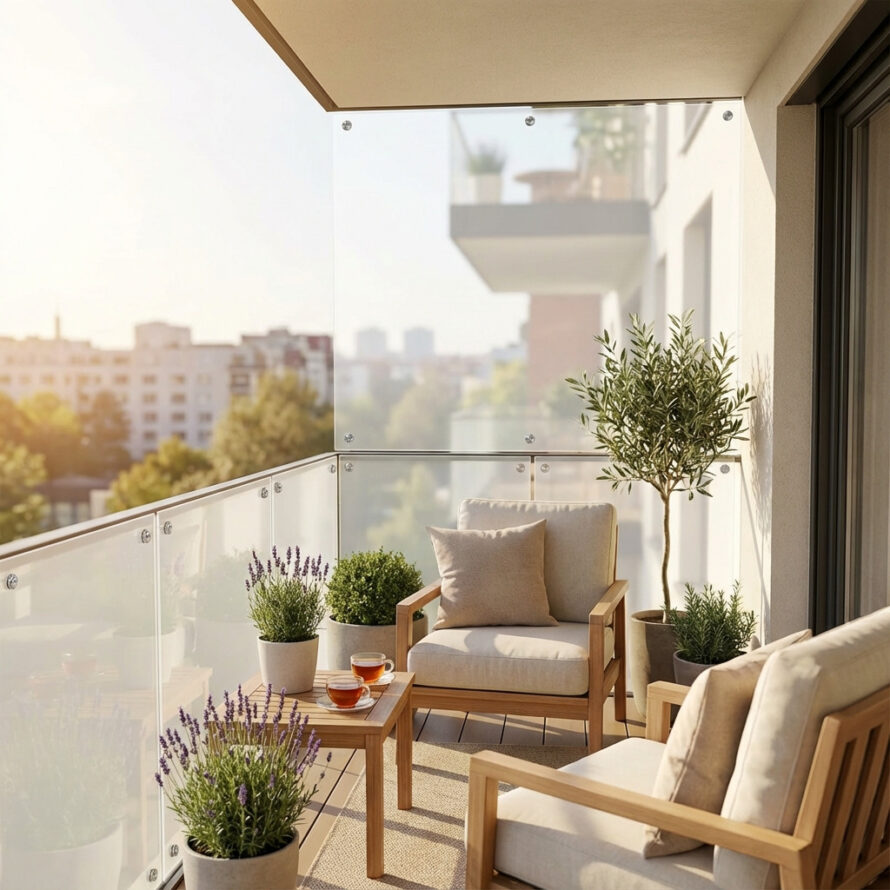 Detail van plexiglas balkon windscherm met RVS spenglerschroeven en waterdichte EPDM ringen.