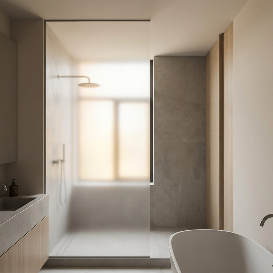 Strak gemonteerde douchewand melkglas met minimalistische profielen.