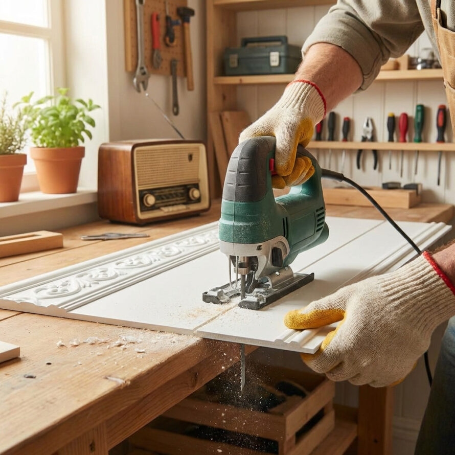 Vakman zaagt een paneel exact op maat met professioneel elektrisch gereedschap.
