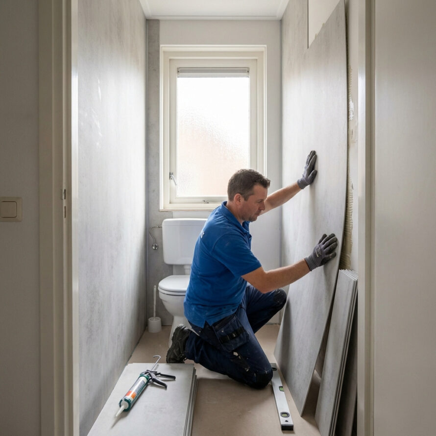 Plaatsen van grote wandpanelen voor een naadloze en moderne badkamerlook.