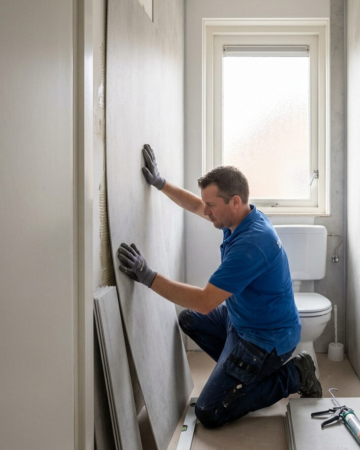 Plaatsen van grote wandpanelen voor een naadloze en moderne badkamerlook.