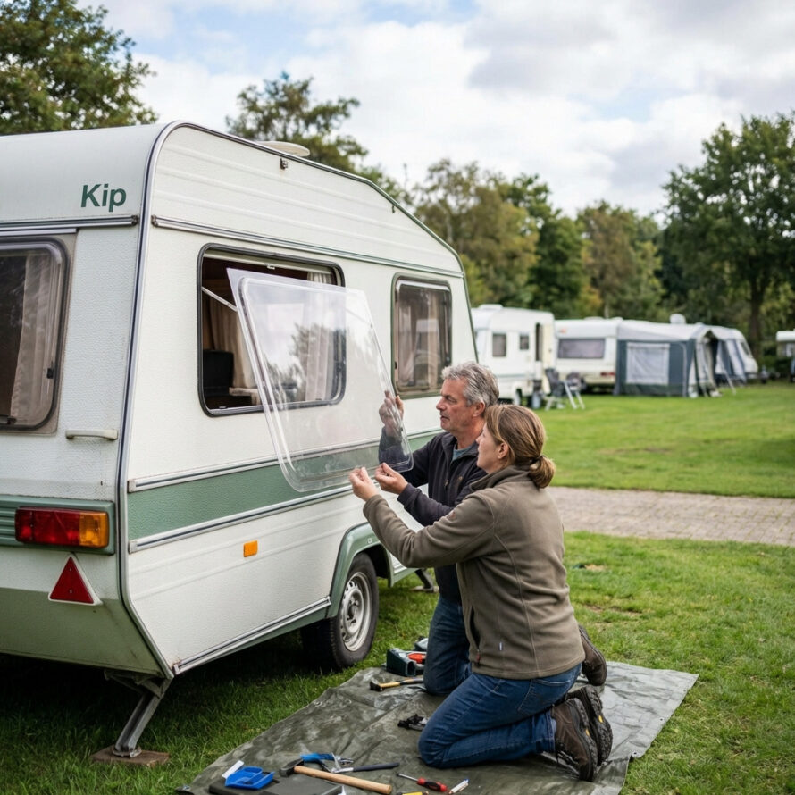 Laatste montagewerkzaamheden aan een nieuw caravanraam op een rustige camping.