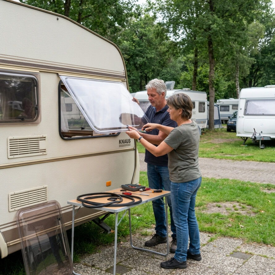 Caravanraam wordt zorgvuldig geplaatst en uitgelijnd voor een perfecte pasvorm.