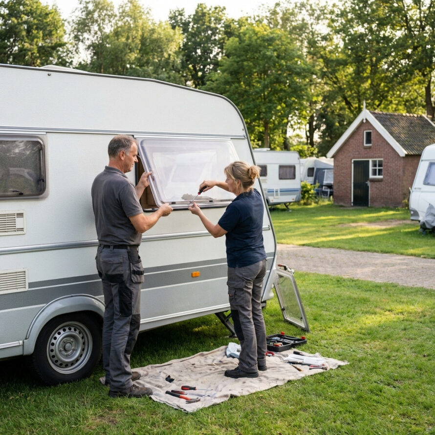 Twee mensen vervangen gezamenlijk een caravanraam met plexiglas of polycarbonaat op de camping.