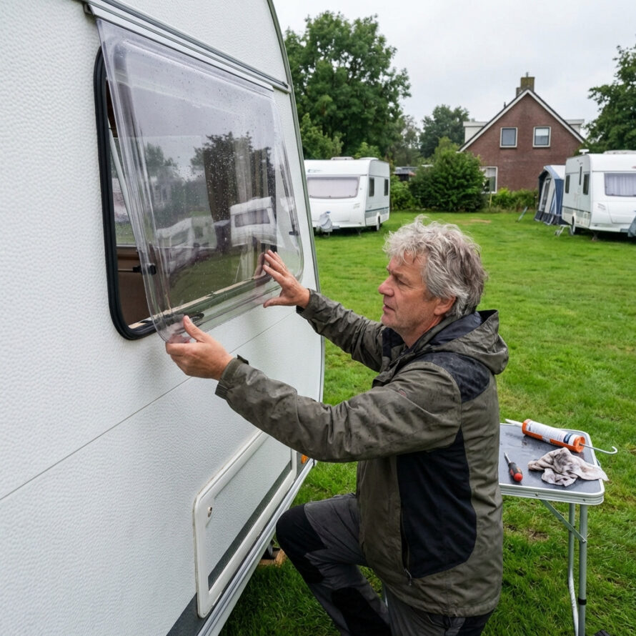 Man monteert een nieuw kunststof caravanraam aan de zijkant van een caravan op een camping.