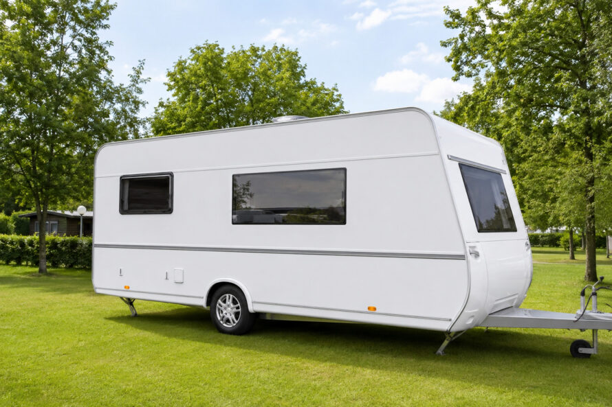 Fotorealistische witte Europese caravan op een rustige, groene camping bij daglicht. In de zijwand is een volledig vlakke, transparante kunststof plaat van helder plexiglas of polycarbonaat gemonteerd als vervangend caravanraam.