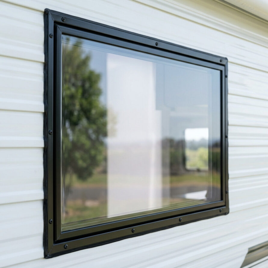 Vlak kunststof caravanraam van plexiglas of polycarbonaat strak gemonteerd in het kozijn.