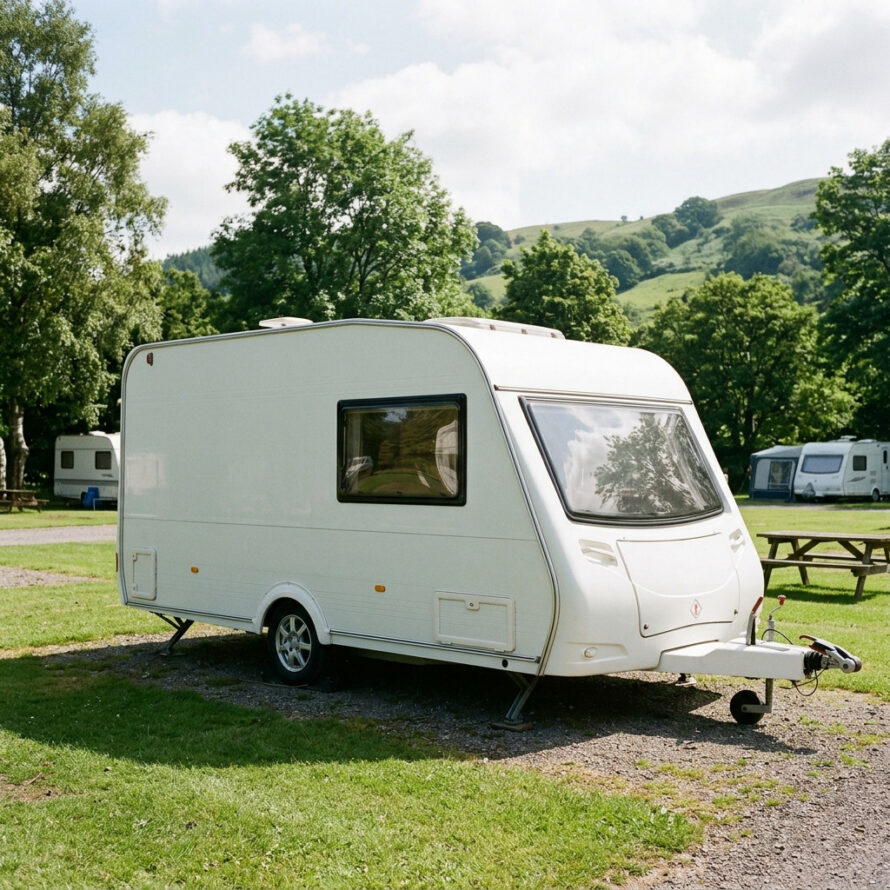 Complete witte caravan op een camping met een nieuw gemonteerd kunststof caravanraam.