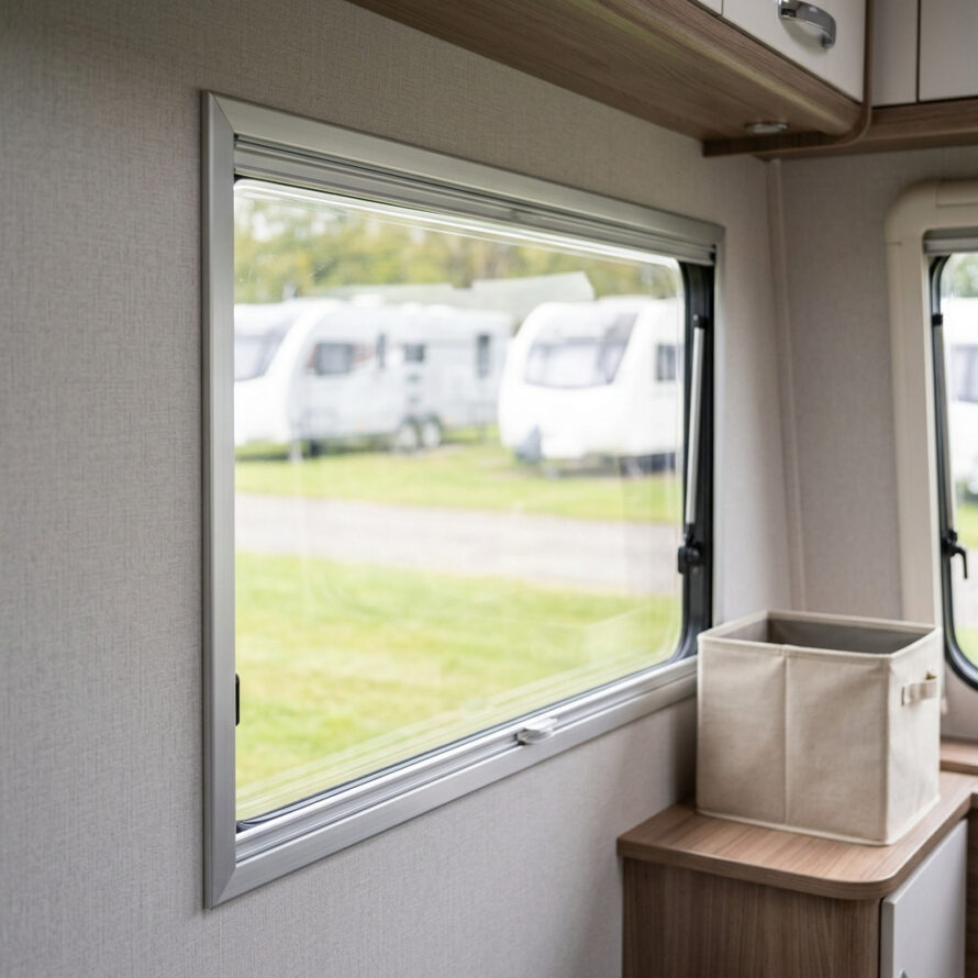 Binnenzijde van een caravan met een nieuw geplaatst kunststof raam dat veel daglicht binnenlaat.