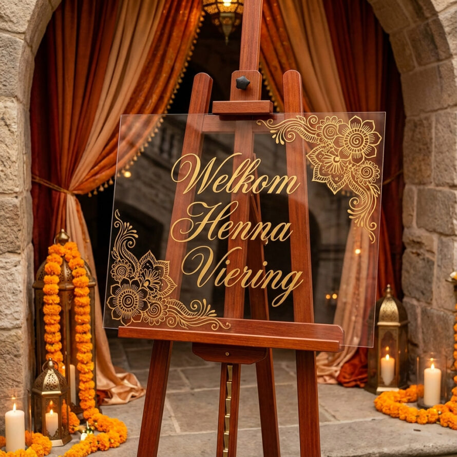 Welkomstbord hennafeest van plexiglas met gouden ornamenten.
