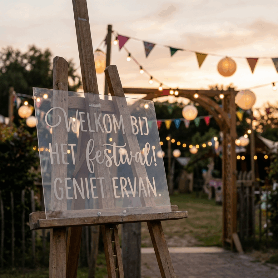 Festival welkomstbord van plexiglas met Nederlandse tekst.
