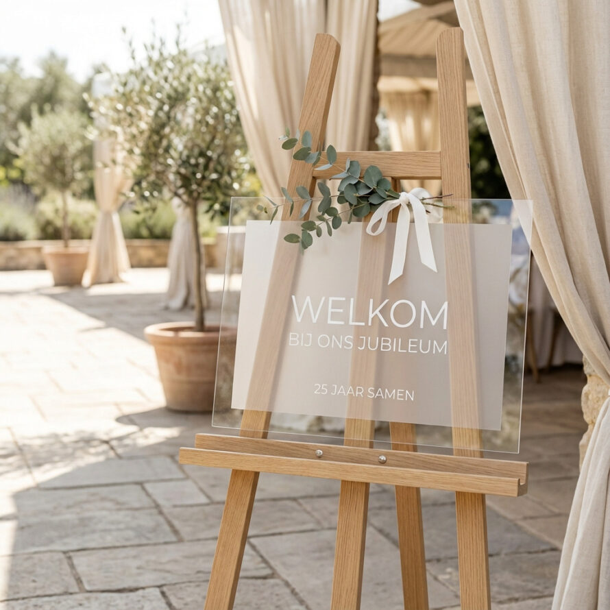 Luxe welkomstbord voor jubileumviering van transparant plexiglas.