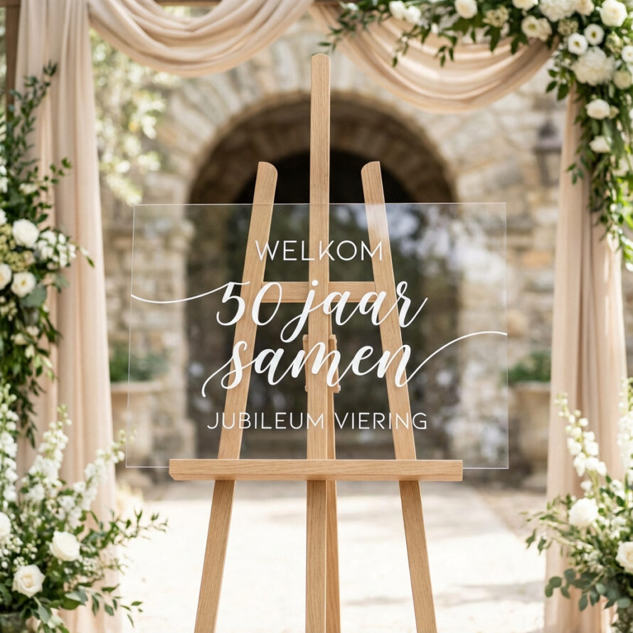 Welkomstbord jubileum van plexiglas op houten schildersezel.