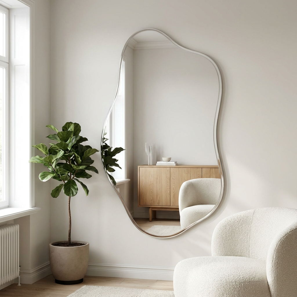 Organische wandspiegel van zilverkleurig plexiglas in lichte Scandinavische woonkamer.