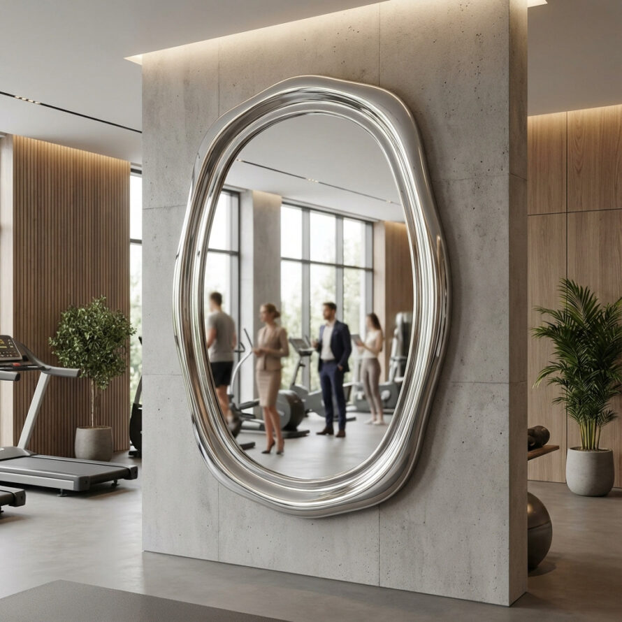 Organische zilverkleurige spiegel van plexiglas in moderne sportschool met strakke wandmontage