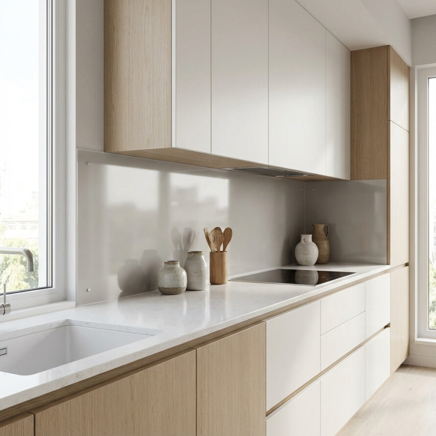 Lichte keuken met houten kasten en witte hoogglans plexiglas spatwand achter het aanrecht.