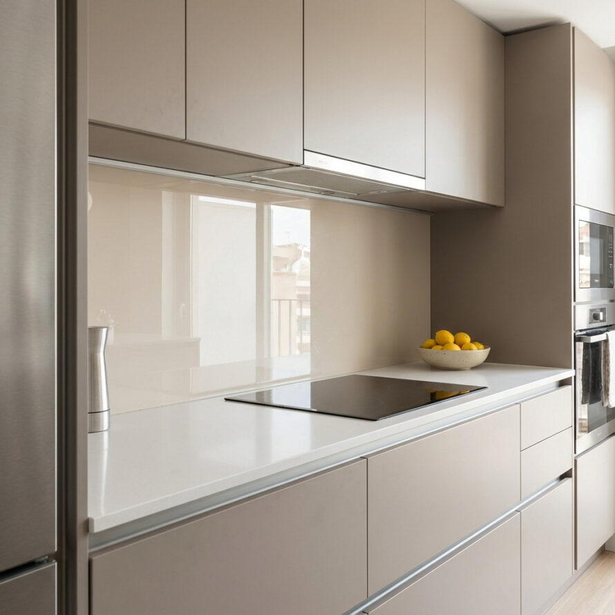 Rustige keukenopstelling met witte kasten, inductiekookplaat en beige plexiglas spatwand.